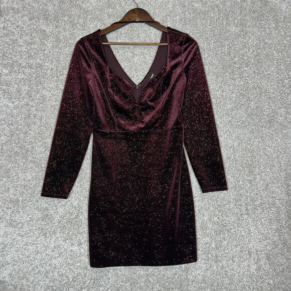 Express Sparkly Burgundy Long Sleeve Deep V Velvet Cocktail Dress Size Small - Picture 1 of 6